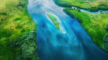 watercolor river merging into ocean blue and green on merge point .