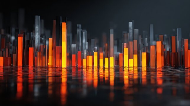 Glowing bar graph & data reflections on shiny surface