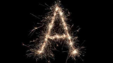 The English letter A made of sparklers on black background, no logos, no brands