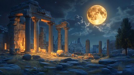 Ancient ruins under moonlight