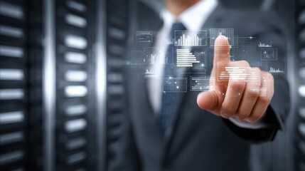 business, people and technology concept - businessman in suit with charts on virtual screen over server room background, no logos, no brands