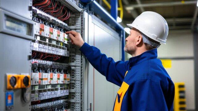 Side angle view of an electrician in a hard hat inspecting a control panel. The video captures a professional at work in an industrial setting.