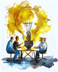 watercolor tech startup team brainstorming with lightbulbs soft wash .