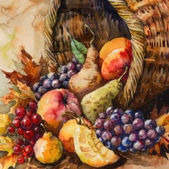watercolor Thanksgiving cornucopia warm browns on fruits .