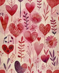 watercolor valentines day hearts and flowers soft pink and red textures .