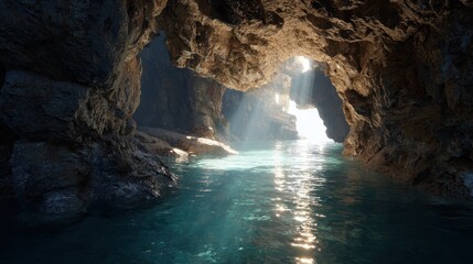 underwater cave with sunlight coming in through the gaps in the rocks