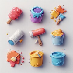 Collection of colorful paint buckets and brushes with dripping paint on a white background