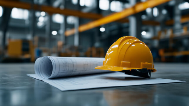 Construction Site with Yellow Hard Hat and Architectural Blueprints on Industrial Floor