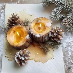 watercolor winter solstice candles and pinecones .