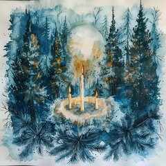 watercolor winter solstice scene with candles and evergreens .