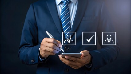Businessman selecting candidate on digital screen suit smartphone
