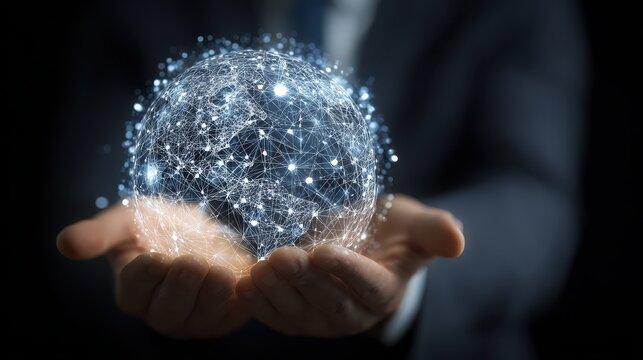 Businessman hold global business globe with network connected to digital marketing strategy and creative solution. Business development technology to support creativity idea - Powered by Adobe