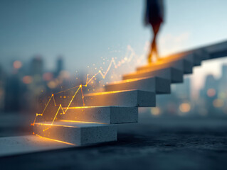 Rising success and progress symbolized by a person ascending staircase with digital growth lines