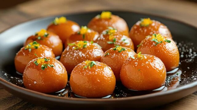 Plate of gulab jamun on a wooden surface
