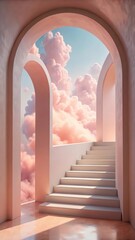 A surreal architectural pathway with soft pink arches and a staircase leading upwards into a sky filled with fluffy pink clouds and gentle sunlight