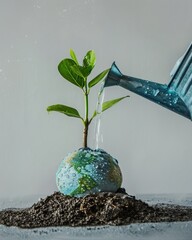 watering can nourishing a globeshaped plant sustainable growth