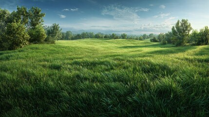 A panoramic shot of a green pasture glowing under the afternoon sun, the vibrant summer grass stretching out to the horizon, dappled with sunlight and surrounded by distant trees
