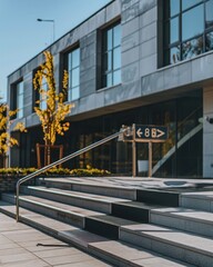 wheelchair ramp leading to a modern building on accessibility sign f aperture neutral tones