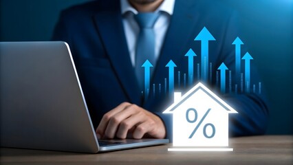 Fototapeta premium Man in dark suit with laptop and rising house graph business finance