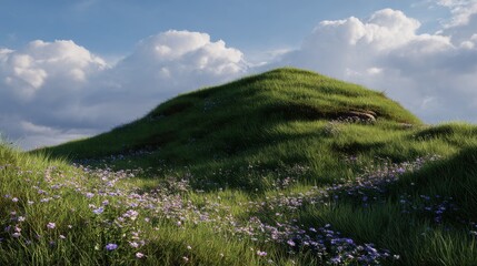 Lush green grass hill with wildflowers under a cloudy sky.