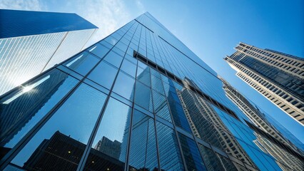 Modern office building with reflections under blue sky