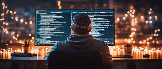 Person sits before computer. Screen displays lines of code. Lights provide ambient glow. Network development appears on screen. Artificial intelligence.