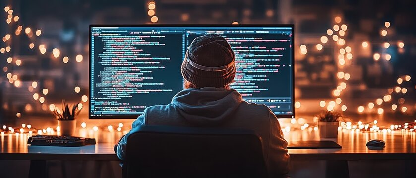 Person sits before computer. Screen displays lines of code. Lights provide ambient glow. Network development appears on screen. Artificial intelligence.