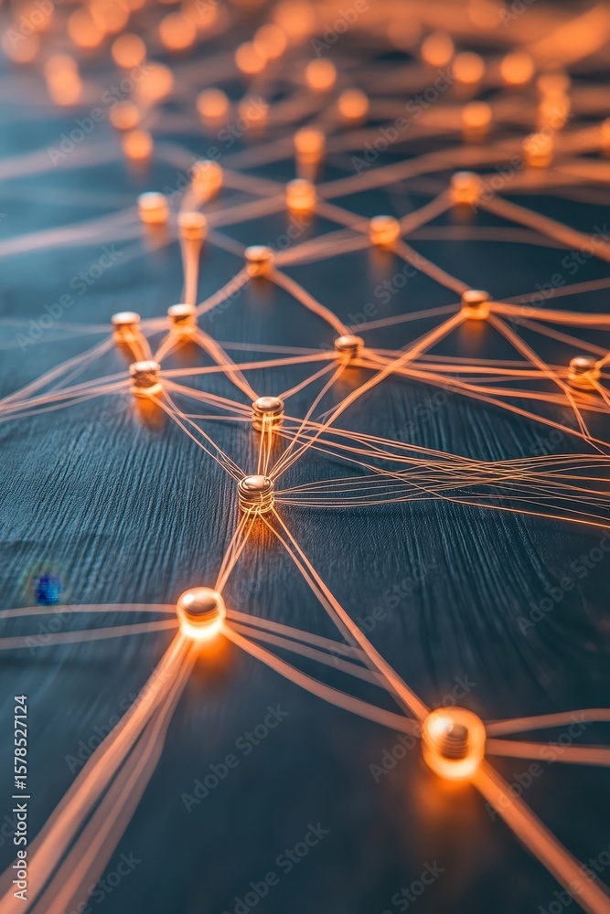Poster glowing orange nodes connected by lines on dark surface representing neural networks abstract arrang