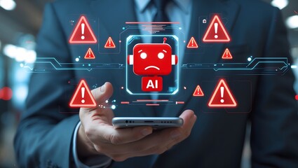 Sad robot A I with warning signs on phone alert