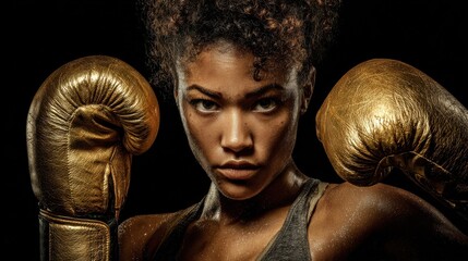 A determined female boxer with gold gloves poses in a fighting stance against a dark background.