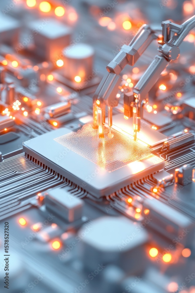 Poster machine connects to network. circuit board with lights. shiny device interfaces with central process