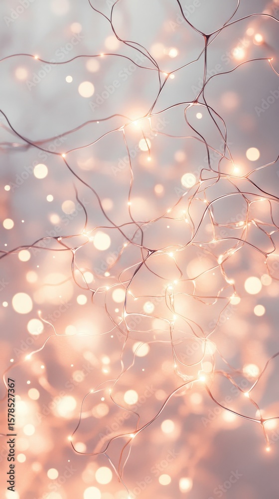 Poster glowing spheres on network structure. warm lights sparkle against soft background. connected wires g