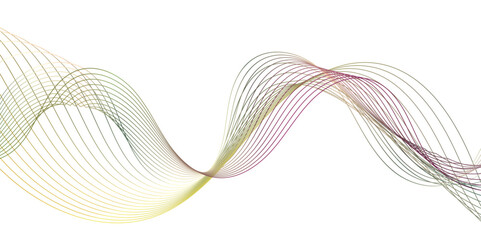 Dynamic abstract wave of thin, flowing lines in a vibrant gradient of yellow, green, purple, and teal, creating an energetic pattern on a clean white background.