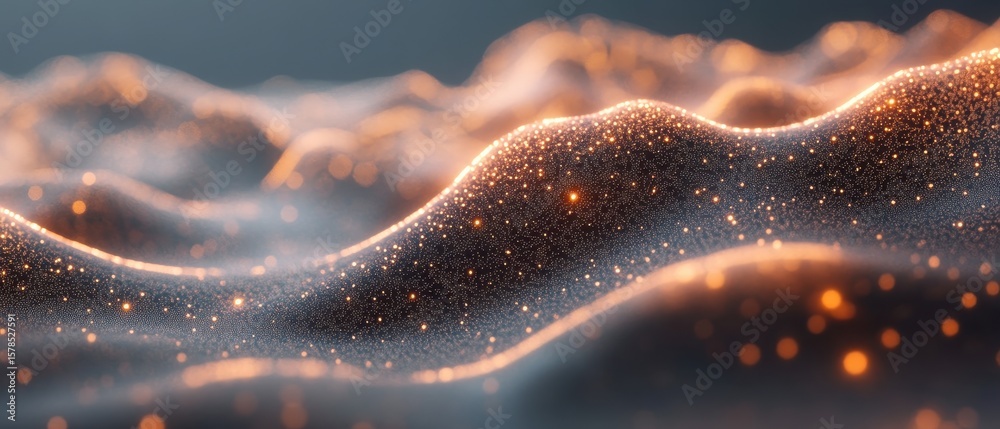 Poster abstract waves surface shines bright orange light. conceptual neural networks structure, background 