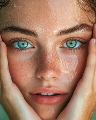woman framing her face with both hands editorial beauty shot soft focus