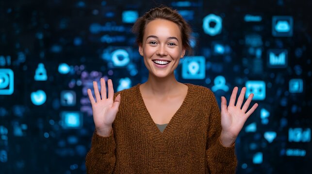 Smiling Woman Waving Hands with Abstract Technology Background