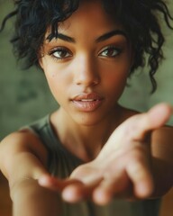 woman gesturing come here with palm down and fingers curling indoor setting close?up