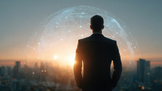 Business leader overlooking city skyline at sunset futuristic technology visualization urban environment inspirational viewpoint