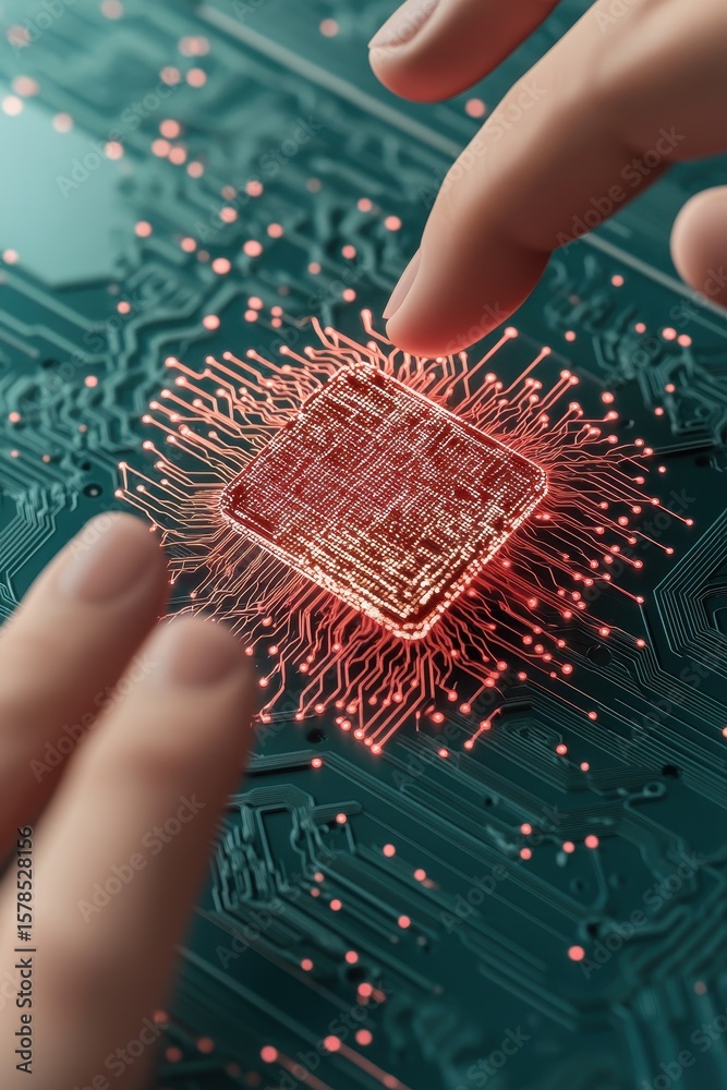Poster fingers touch circuit board with central processor. red glow emanating from core. data streams on su