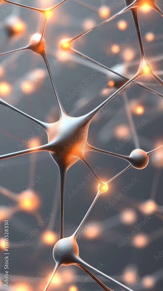 Poster interconnected network structure with glowing nodes on dark gray background representing neural netw