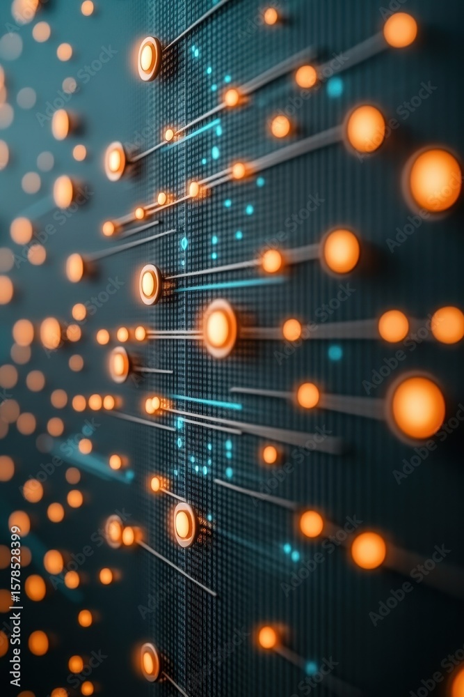 Poster glowing orange nodes connect across dark grid, forming artificial neural networks, sending electrica