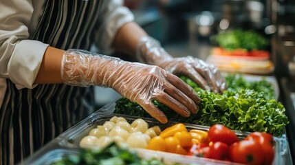 Chef preparing fresh salad ingredients in a commercial kitchen.