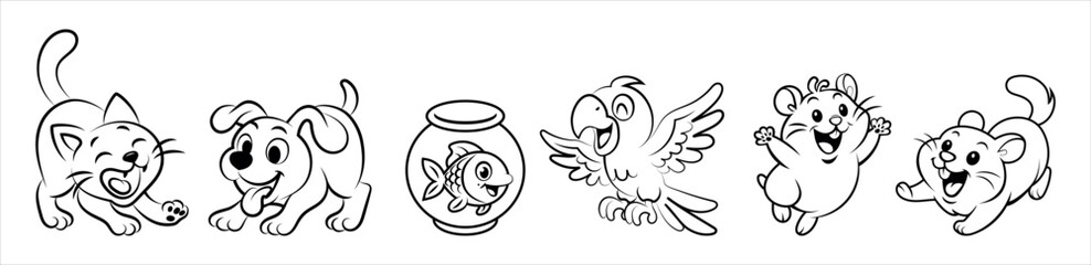 Cartoon-Style Cute Pet Animals Set — Line Art