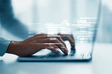 Typing on a laptop home office digital workspace modern environment close-up view productivity and remote work