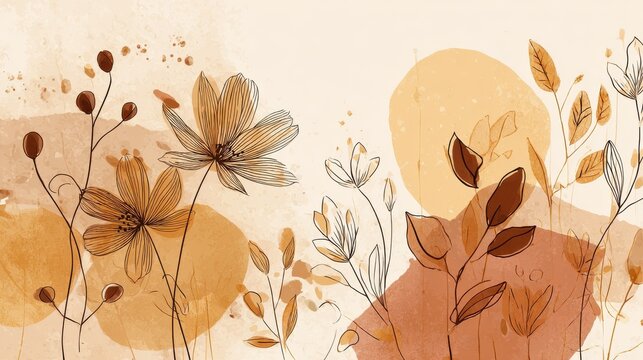 Abstract spring season floral Background. Warm tone blossom wallpaper design with wild flowers, blooms and leaves. Line art and watercolor texture perfect for banner, prints, wall art, decoration., n