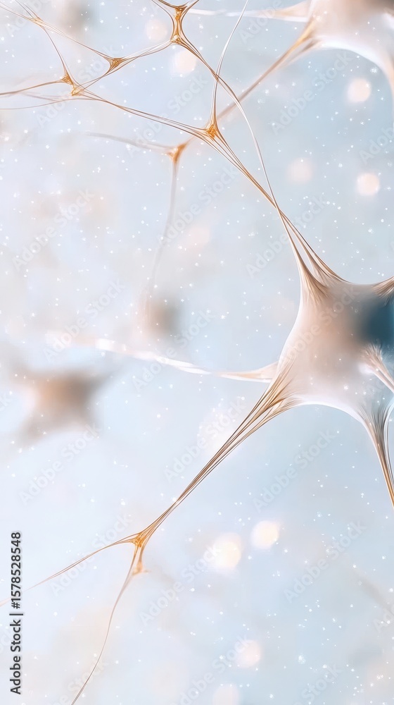 Poster abstract neural networks structure on a light blue background with bokeh. connected golden lines for
