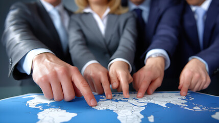 Business professionals pointing at world map, indicating global strategy and teamwork