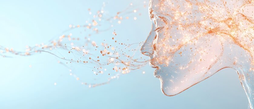 Artificial being face profile exhales glowing particles and strands. Futuristic neural networks design on light blue gradient background. Complex network.