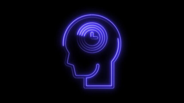 Neon brain profile with clock time management concept productivity and thinking efficiently