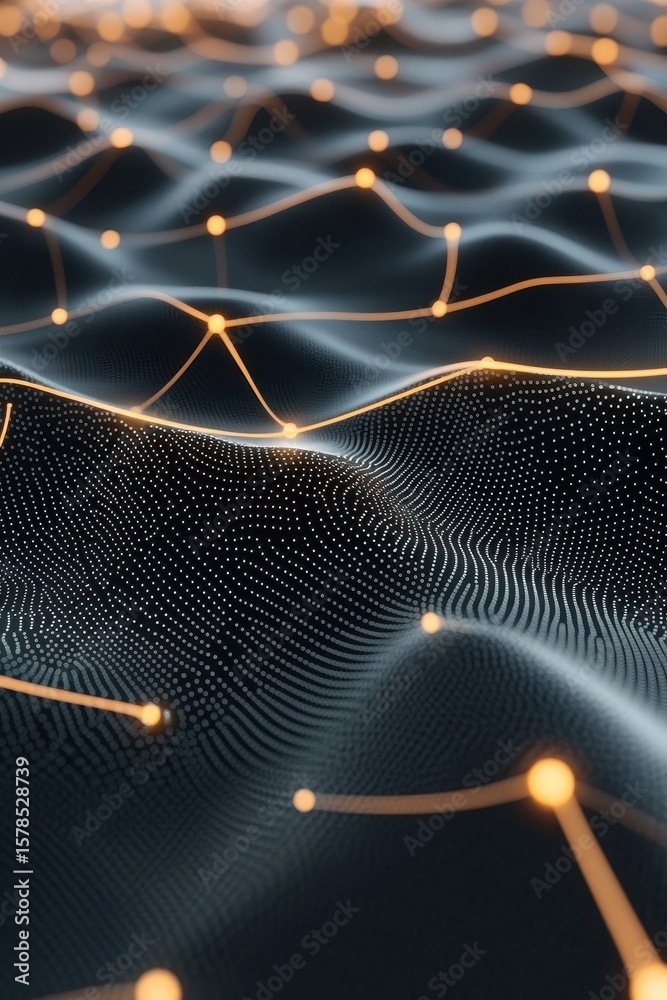 Poster abstract networks connect on dark surface. wavy background of linked points. golden lines over dotte
